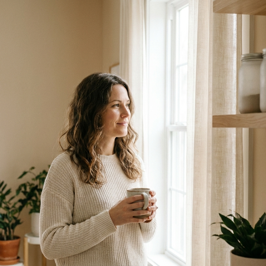 Vrouw met natuurlijk golvend haar bij het raam