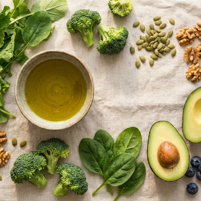 Flatlay met bladgroenten, broccoli, avocado, noten en zaden