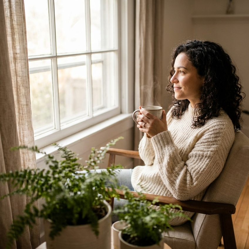 Vrouw met een kop thee bij het raam in het ochtendlicht