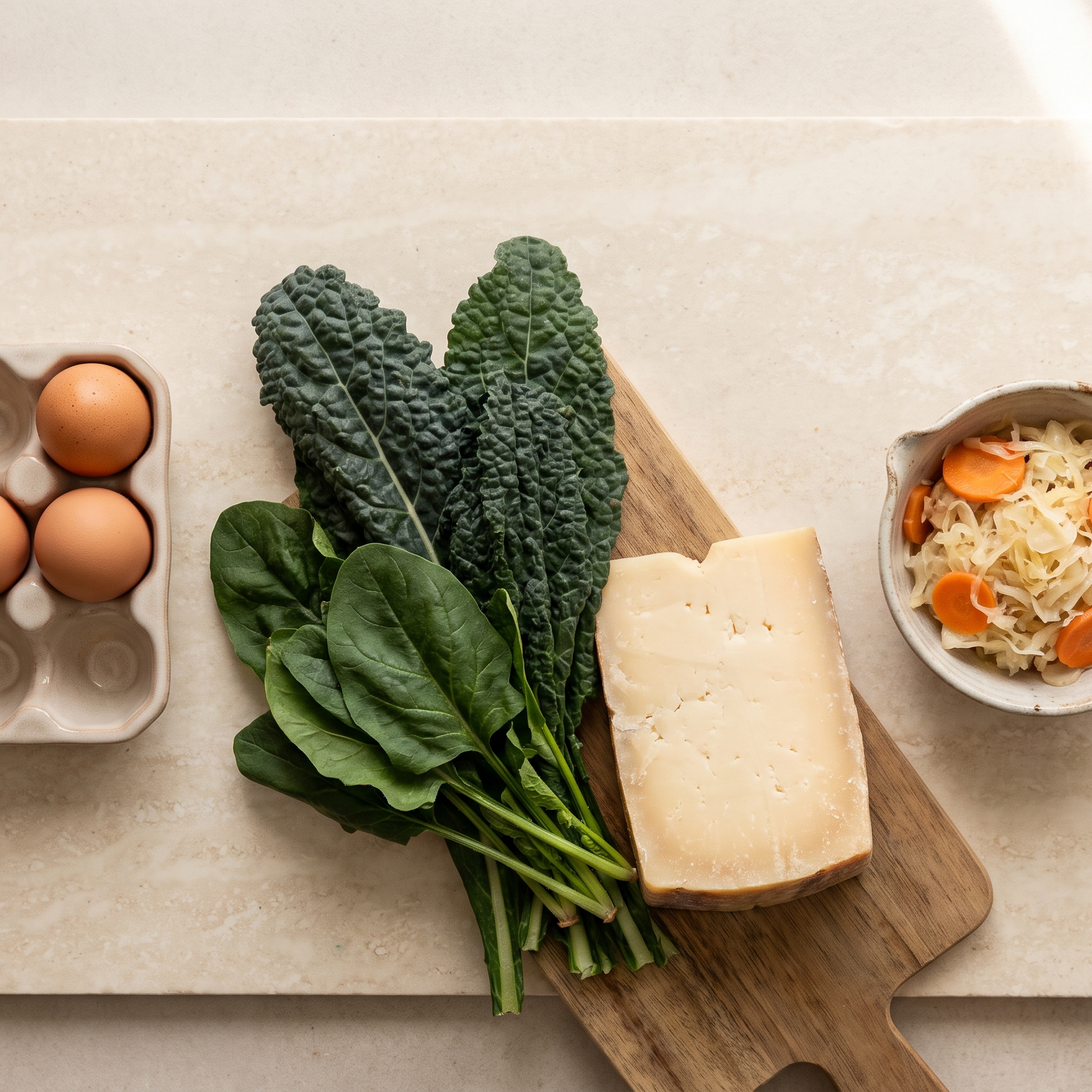 Flatlay met eieren, bladgroente en gefermenteerde voeding