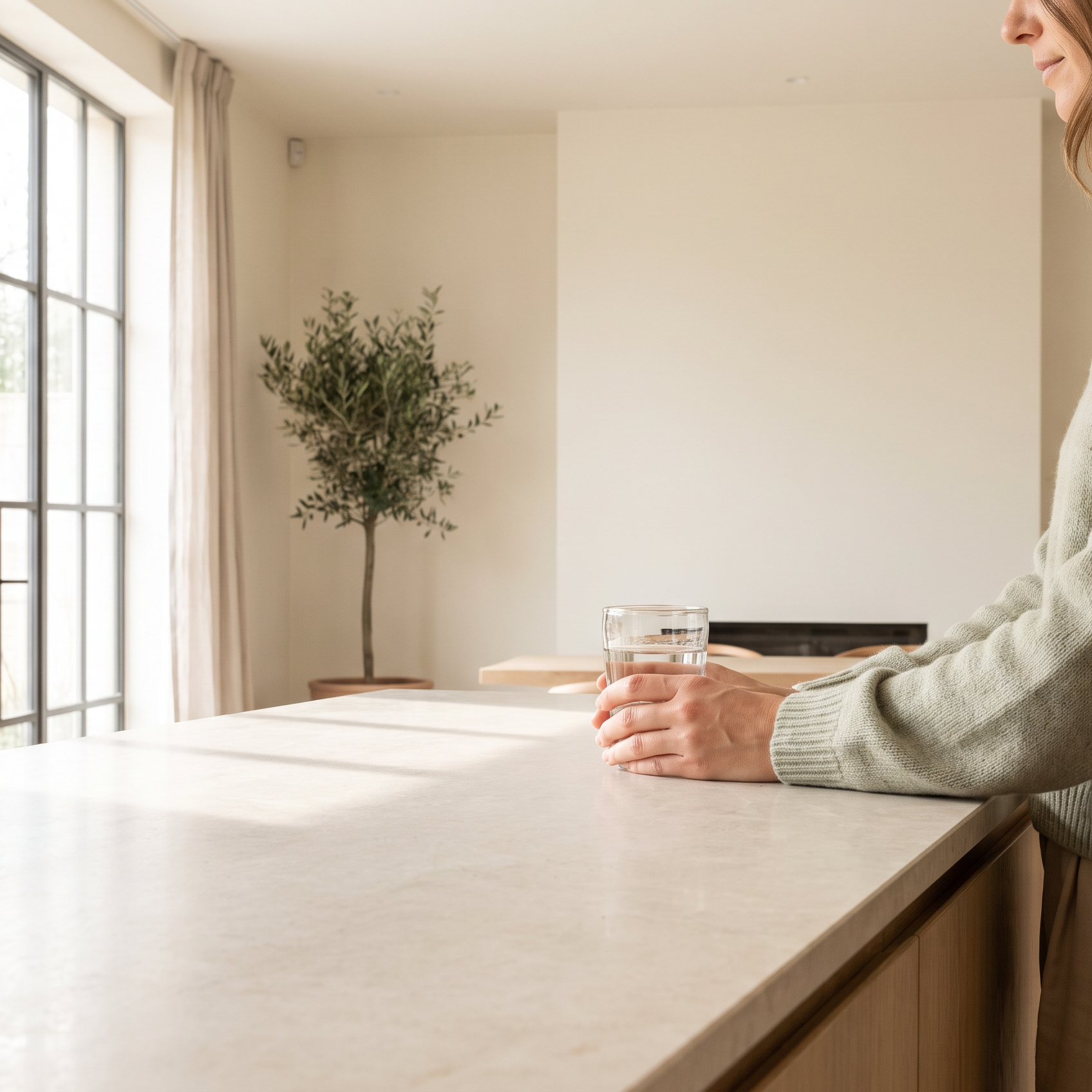 Ochtendzon door een hoog raam in een rustig, licht interieur