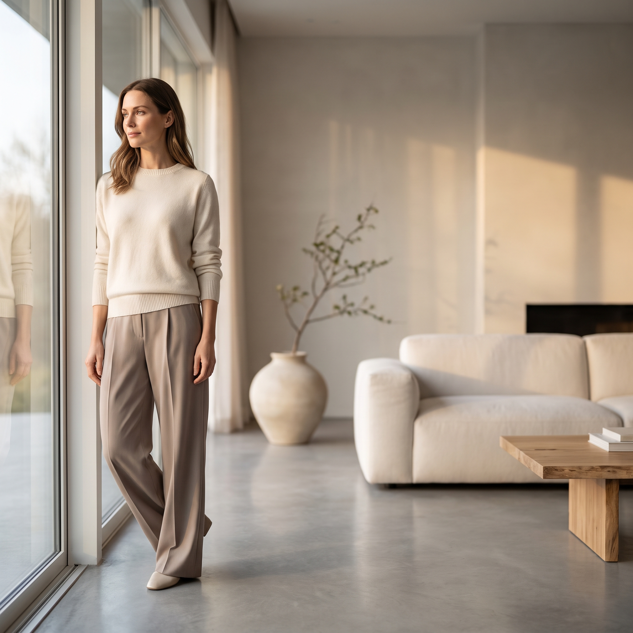 Vrouw bij een raam in een licht, rustig interieur