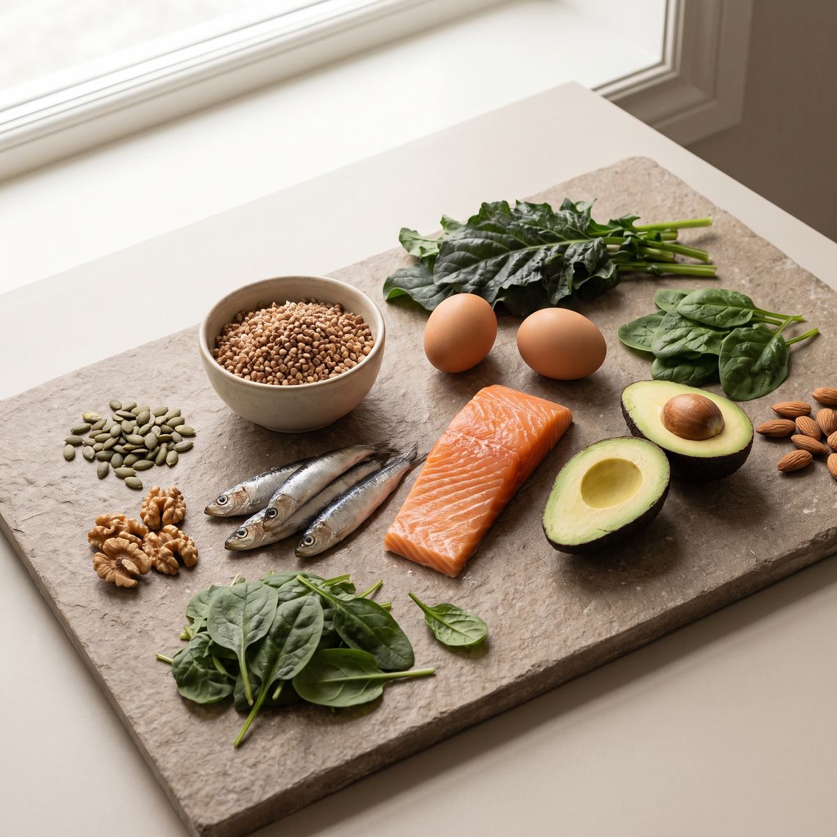 Flatlay met vette vis, noten, zaden en groene bladgroenten