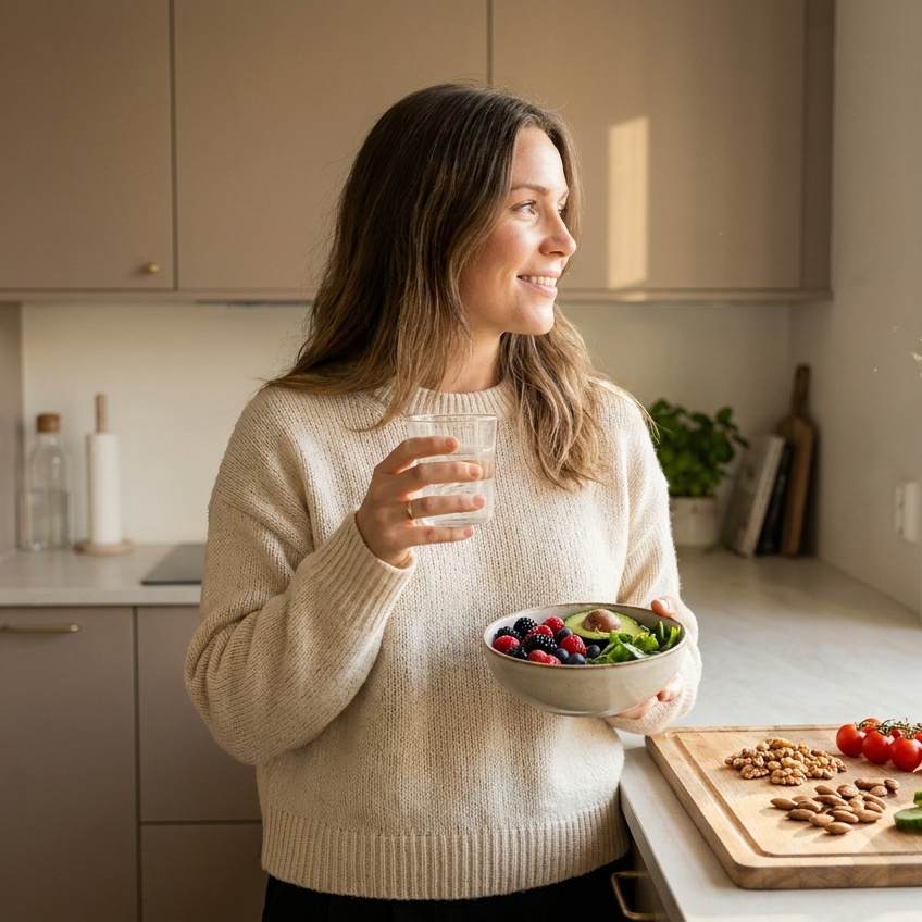 Vrouw met een glas water en verse voeding in de keuken