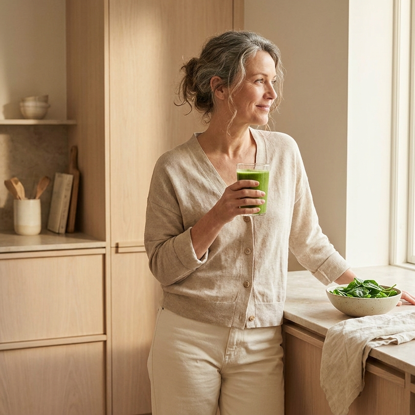 Vrouw met een glas groene drank in een rustige keuken