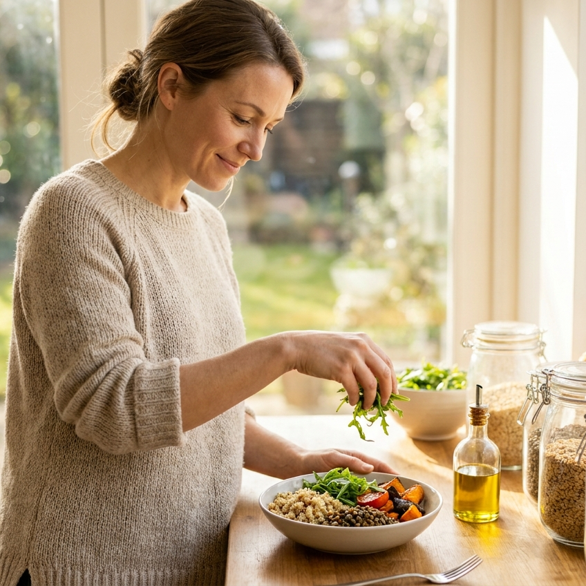 Vrouw maakt rustig een gevarieerde vegetarische maaltijd klaar