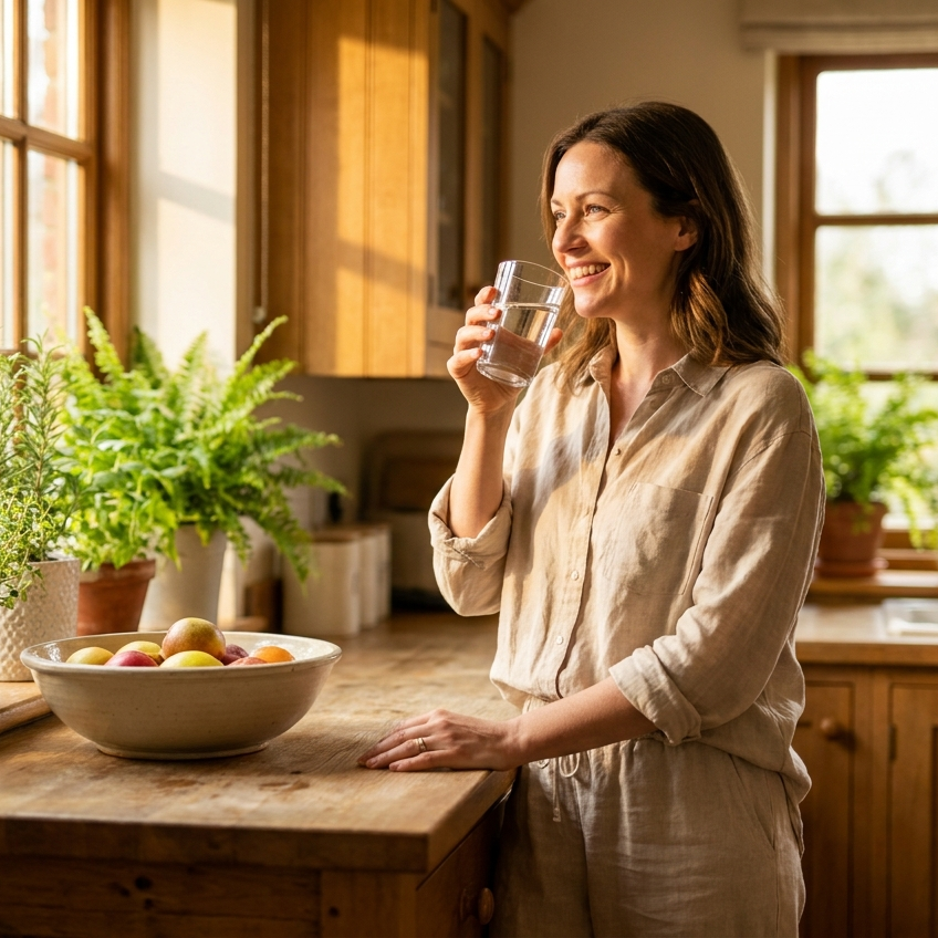 Vrouw met een glas water in een zonnige keuken