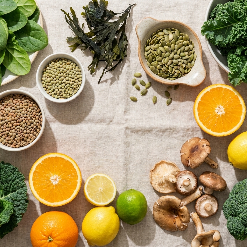 Flatlay met gevarieerde plantaardige voeding, groenten, peulvruchten en zaden