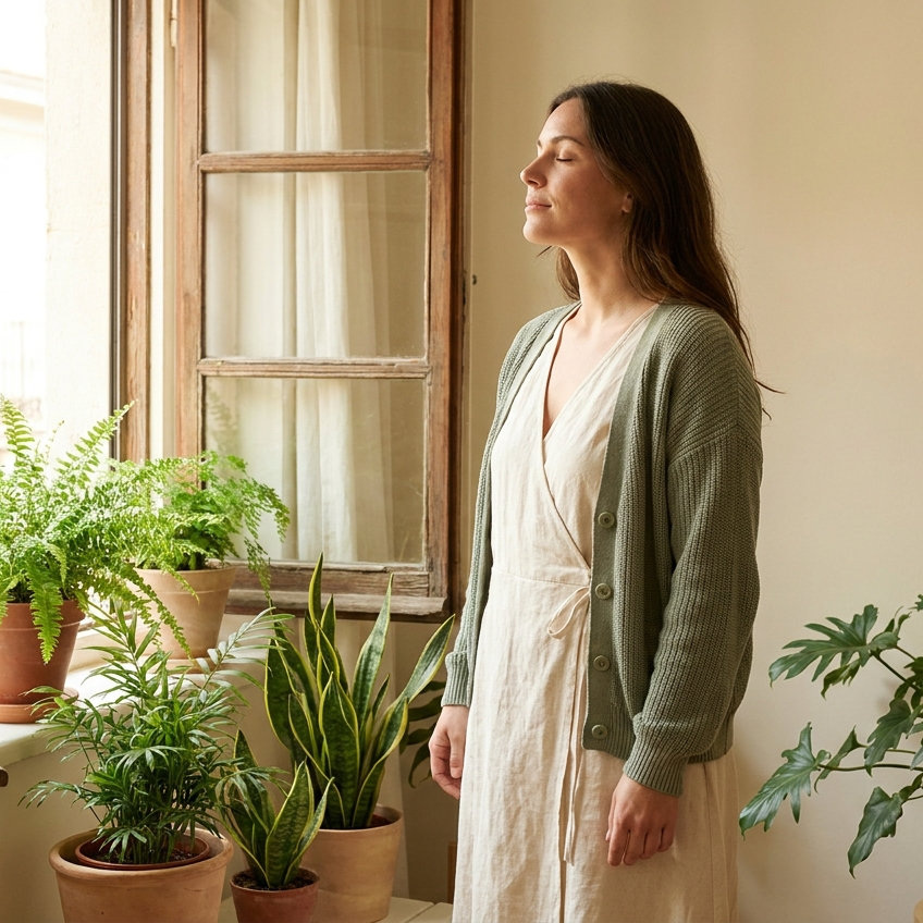 Vrouw haalt rustig adem bij een open raam met planten
