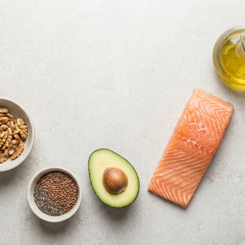 Flatlay met omega-3 bronnen: zalm, avocado, walnoten en lijnzaad