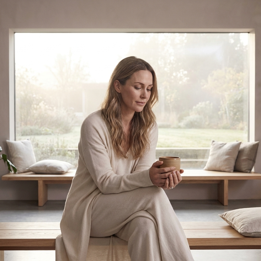 Vrouw met een warme kop bij het raam in ochtendlicht