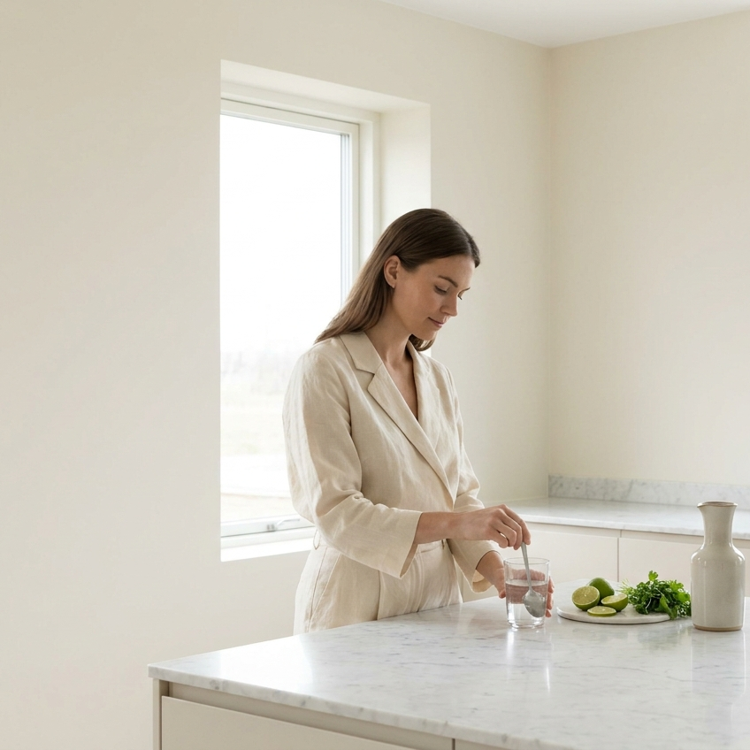 Vrouw roert een glas water aan in een lichte, moderne keuken