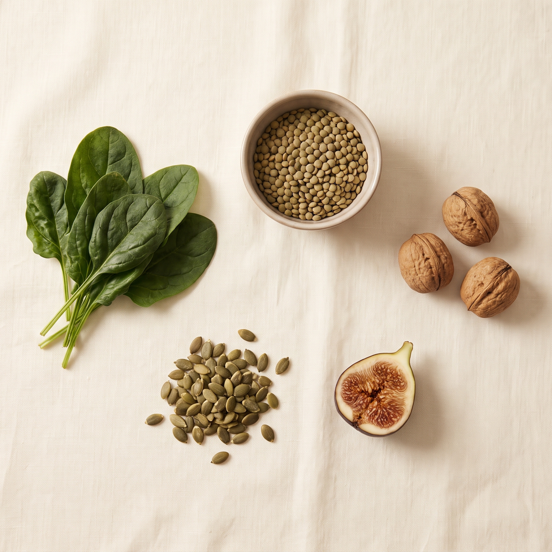 Flatlay met spinazie, linzen, pompoenpitten, walnoten en vijg
