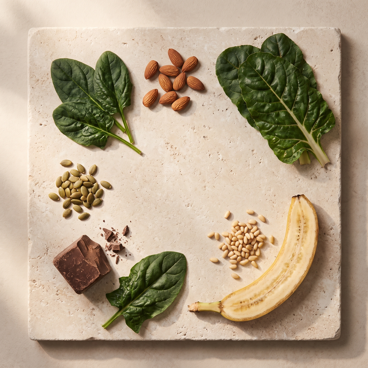 Flatlay met groene bladgroente, amandelen, pompoenpitten en rauwe cacao