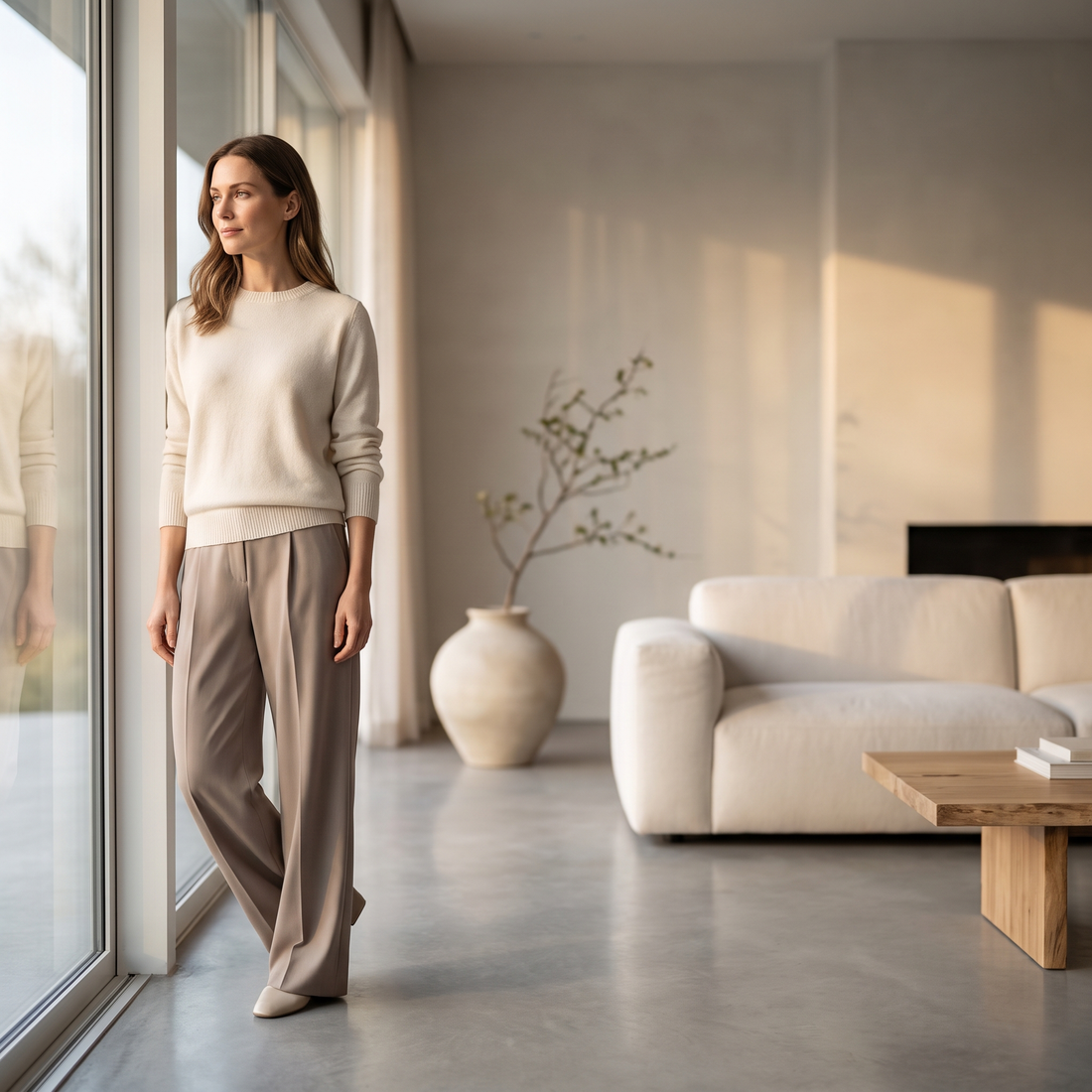 Vrouw bij een raam in een licht, rustig interieur