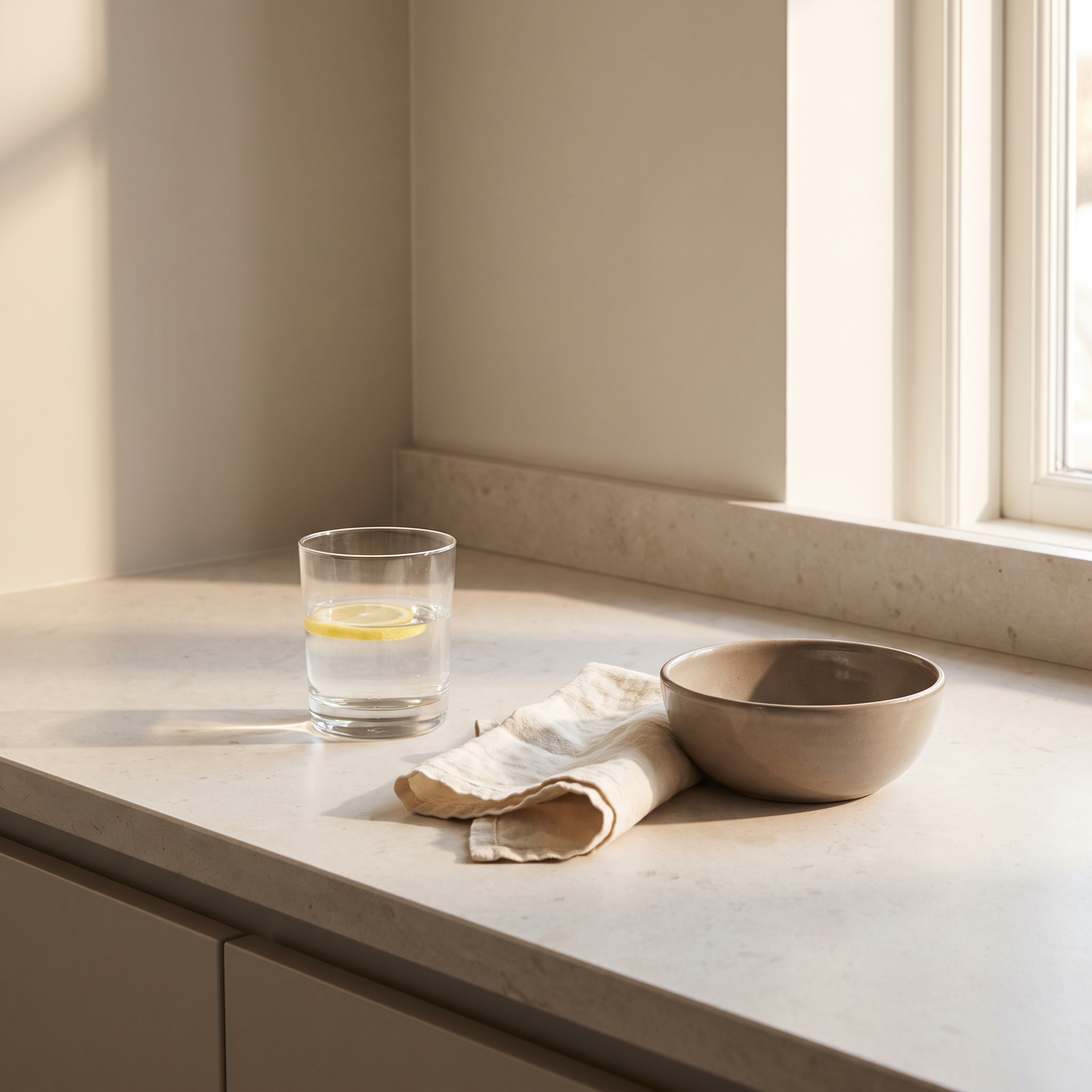 Glas water met citroen op een licht aanrechtblad