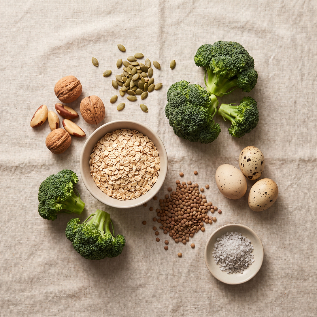 Broccoli, noten, pompoenpitten, havervlokken, linzen en eieren op linnen
