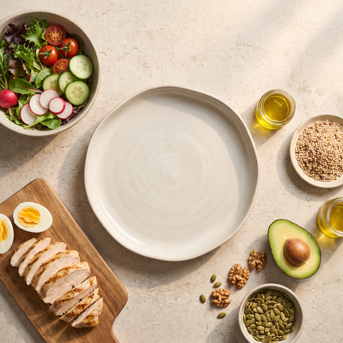 Leeg bord met groente, kip, ei, avocado, quinoa en noten eromheen