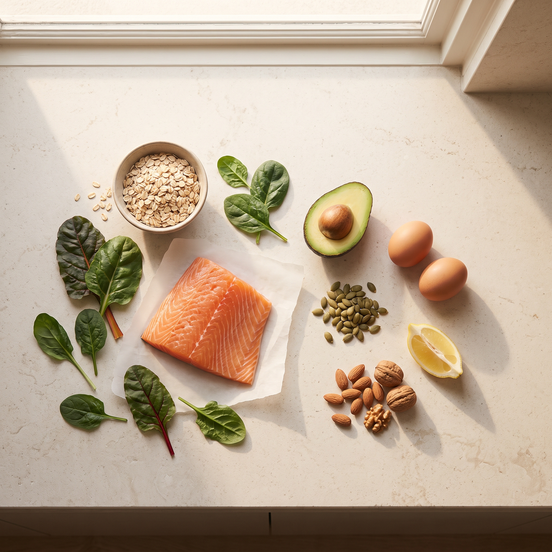 Flatlay met bladgroente, pompoenpitten, noten, avocado, ei en vis