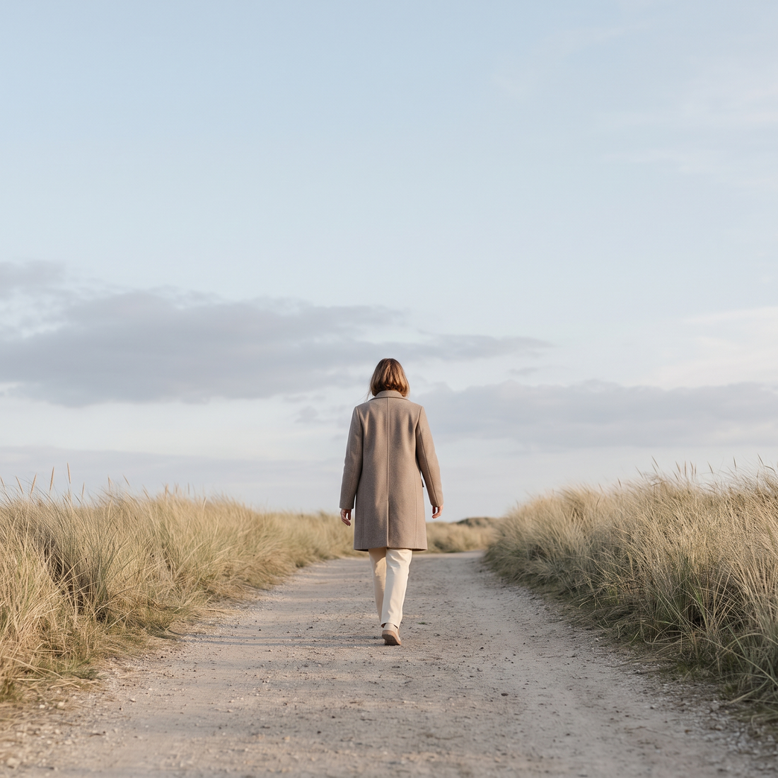 Vrouw wandelt op een breed duinpad in de ochtend