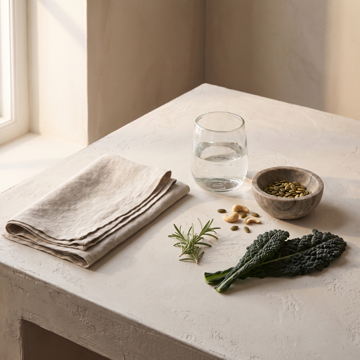 Glas water met pompoenpitten, cashewnoten en bladgroente op een lichte tafel