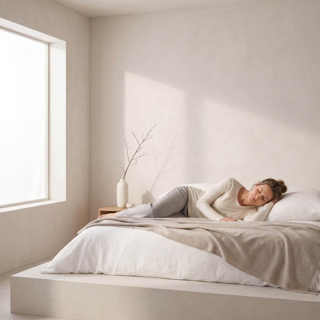 Vrouw slaapt in een licht, rustig ingerichte slaapkamer bij het eerste daglicht