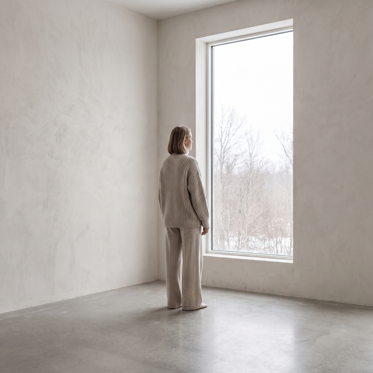 Vrouw kijkt naar buiten door een hoog raam in zacht winterlicht