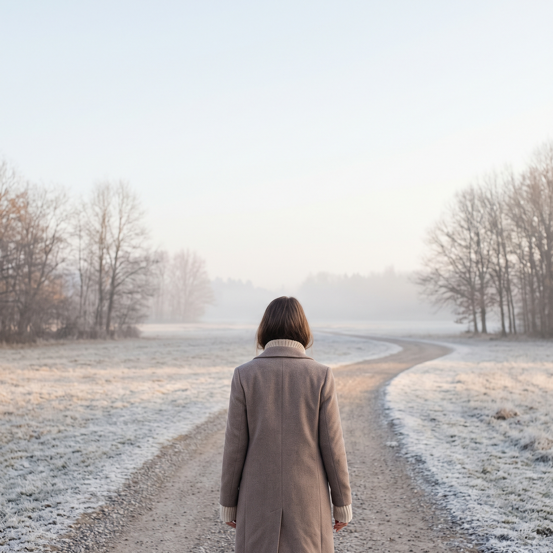 Vrouw wandelt over een winters pad in het lage ochtendlicht
