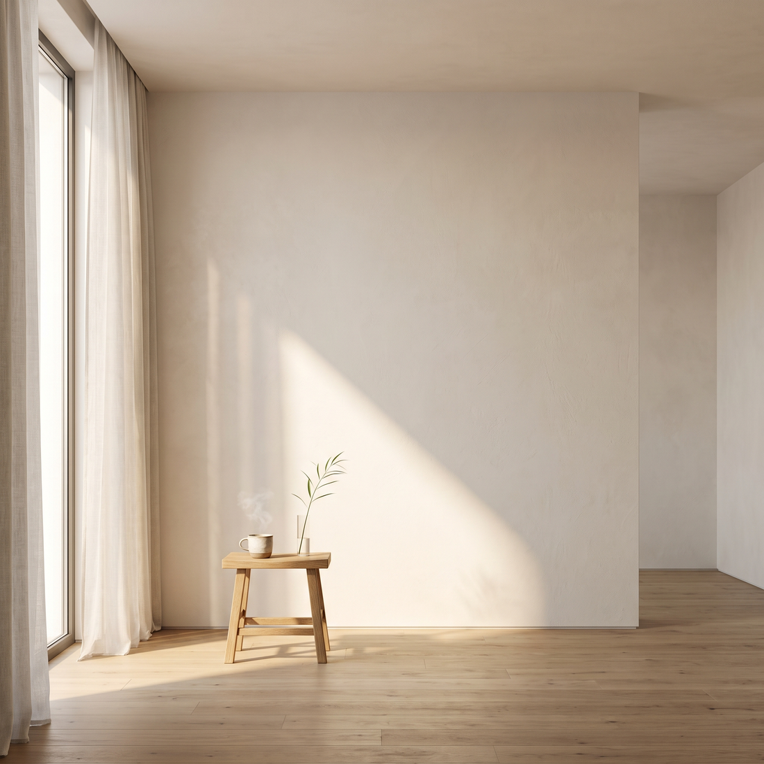 Rustig interieur met ochtendlicht door een hoog raam en een kop thee