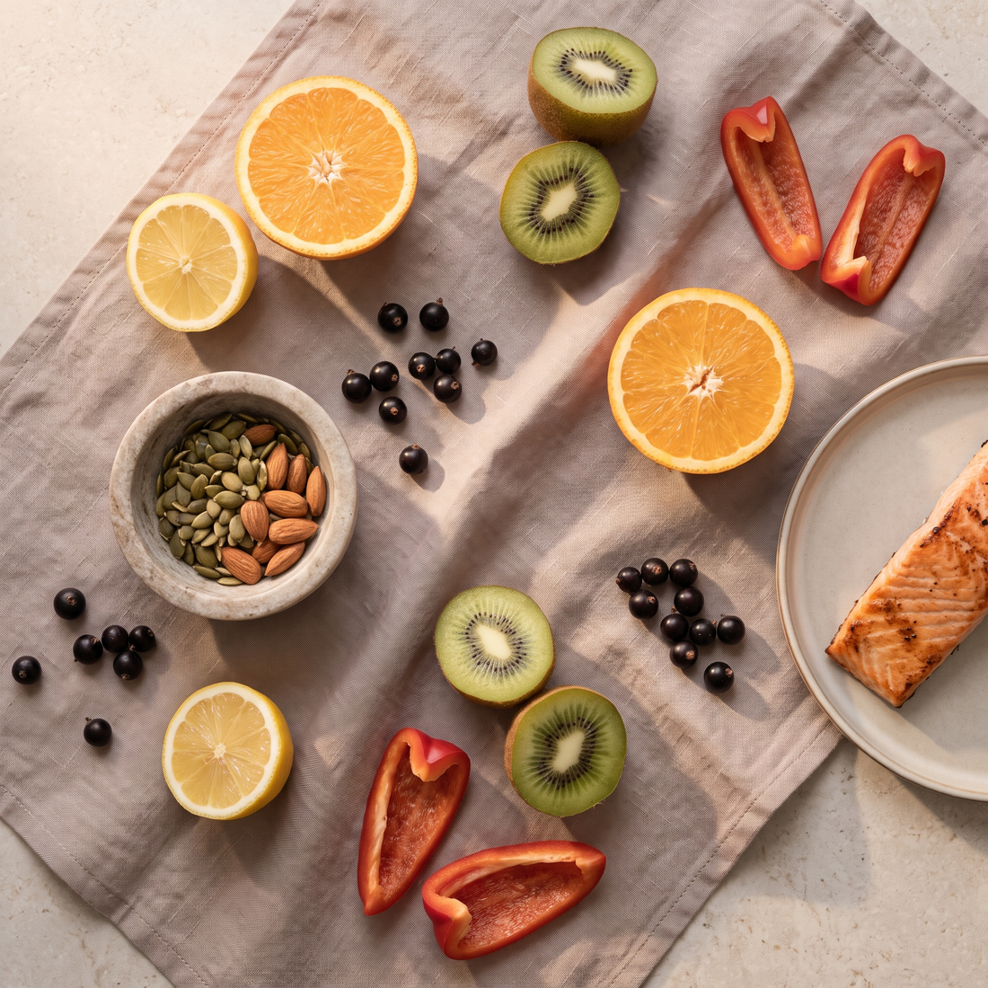 Flatlay met citrus, kiwi, paprika, zwarte bessen, pitten en zalm