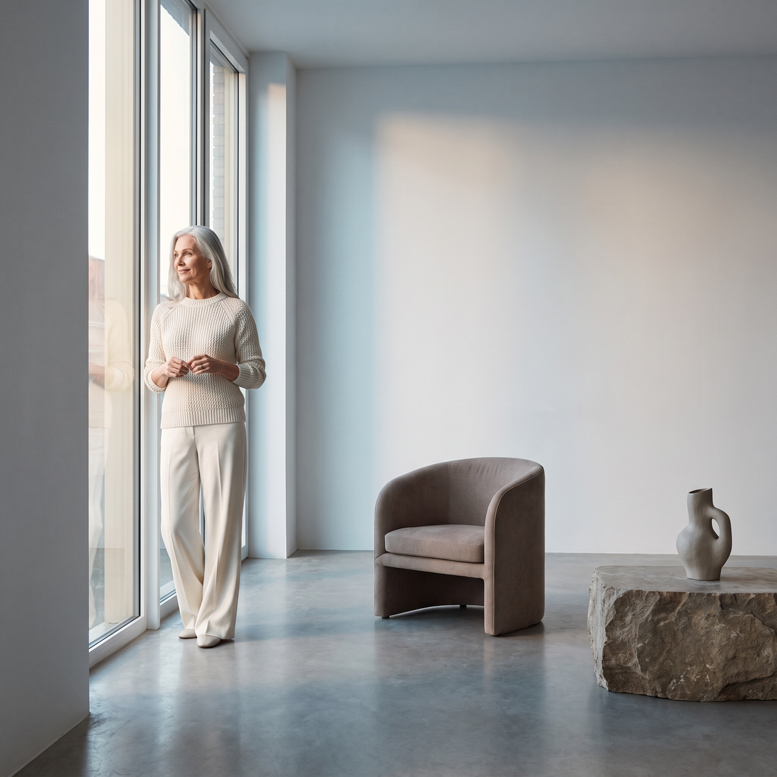 Vrouw met grijs haar bij een hoog raam in een rustig, licht interieur