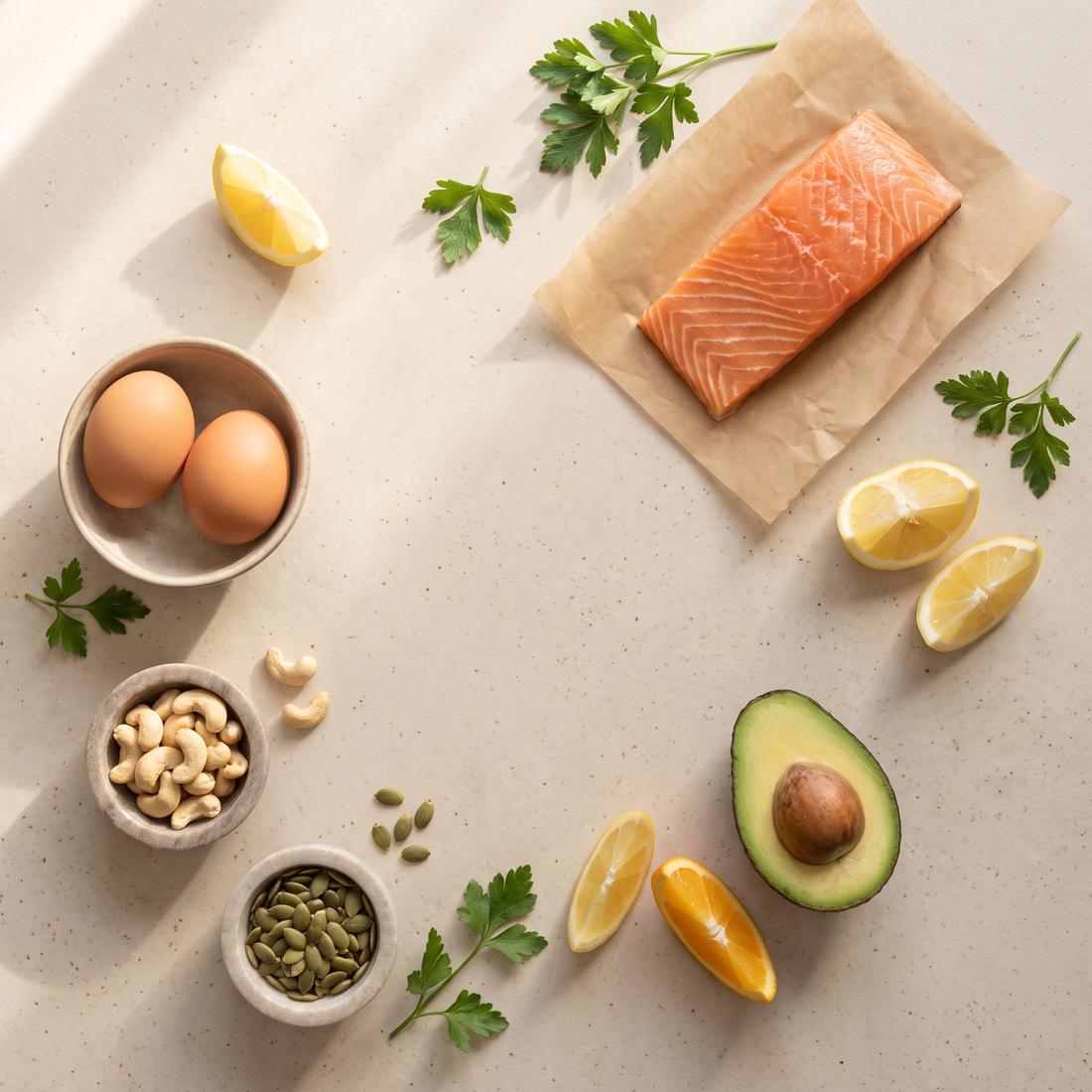 Vis, ei, noten, zaden, citrus en avocado op een lichte ondergrond