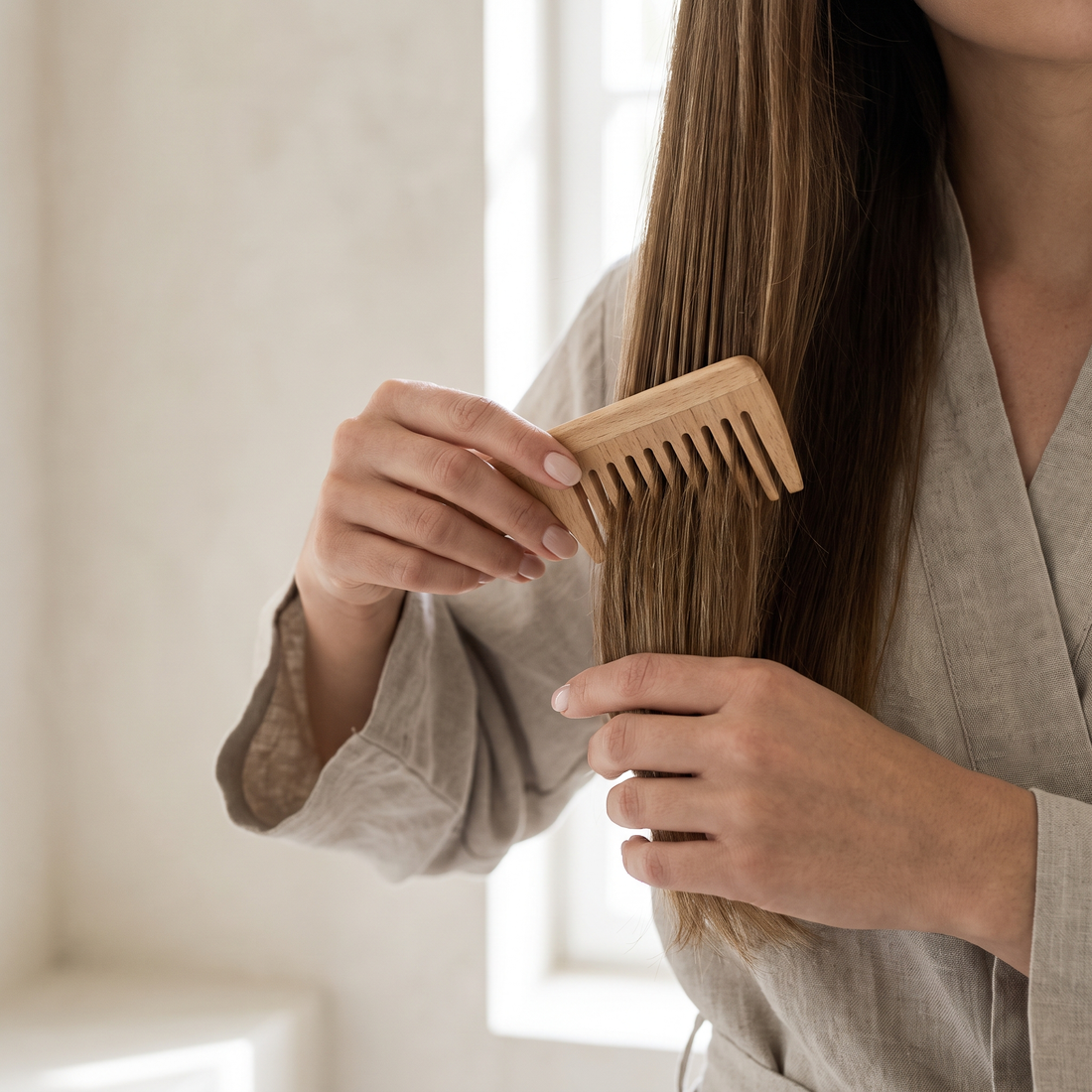 Vrouw kamt met een kam met brede tanden rustig door haar lengtes