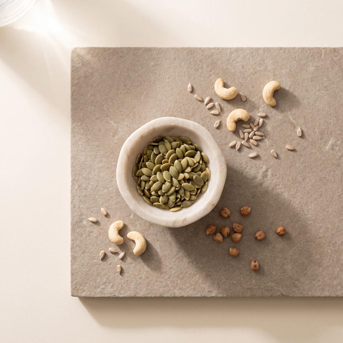 Pompoenpitten, cashewnoten en kikkererwten op een warme stenen ondergrond